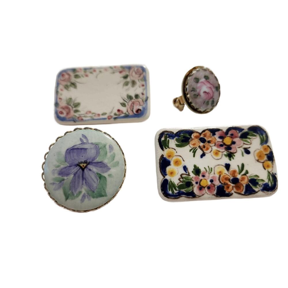 Vintage Hand Painted Porcelain Brooch Lot of 4 , Artist Signed